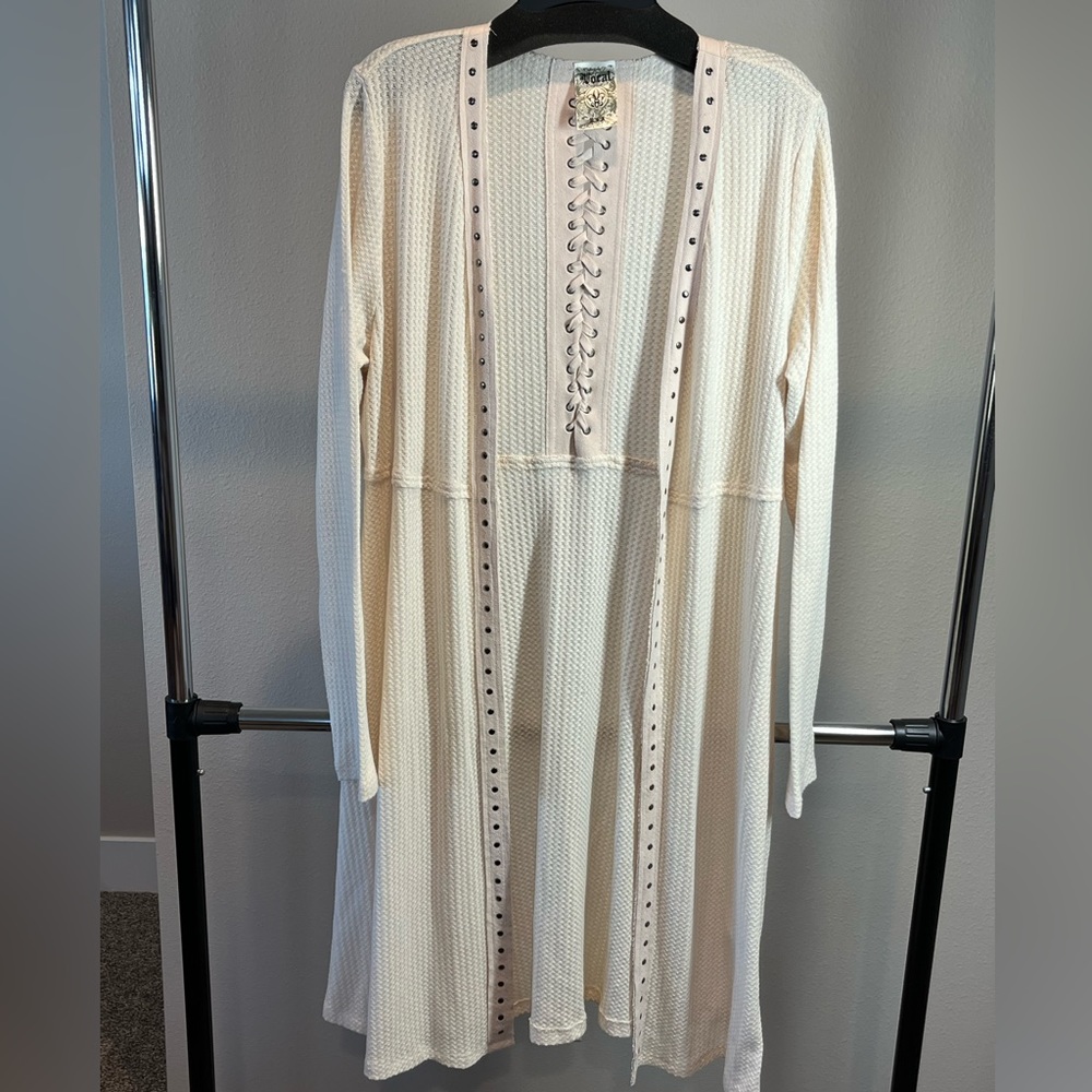VOCAL Long duster cardigan, XL boho, lace and rivets